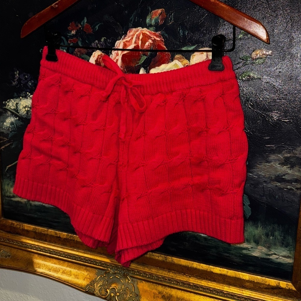Anthropologie Saturday Sunday Pink Cableknit Tie Waist Lounge Sweater Shorts M - Picture 2 of 6